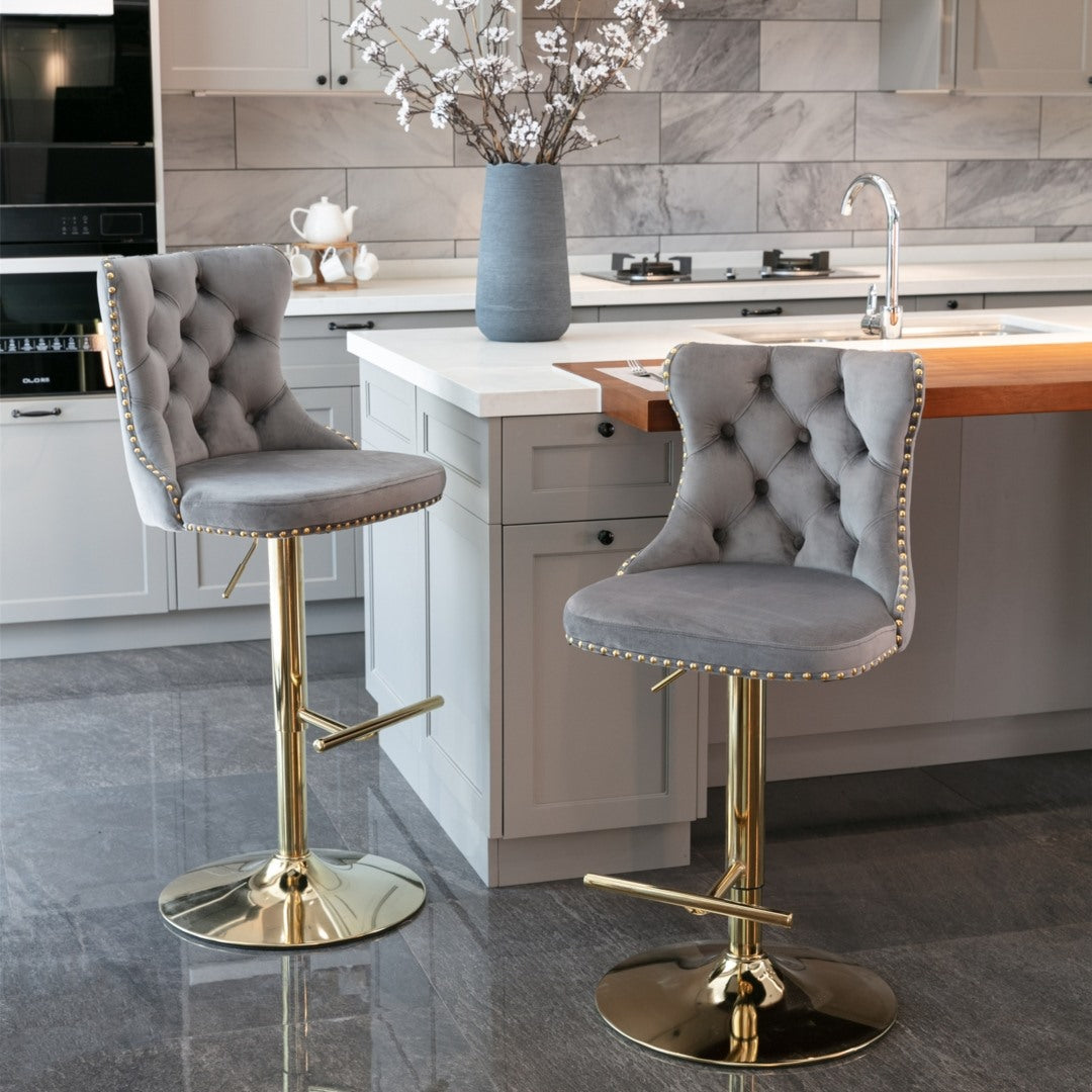 4x Height Adjustable Swivel Bar Stool Velvet Studs Barstool, Grey