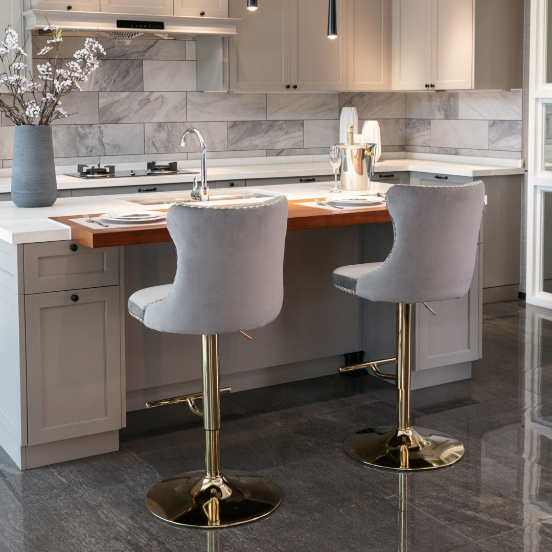 4x Height Adjustable Swivel Bar Stool Velvet Studs Barstool, Grey
