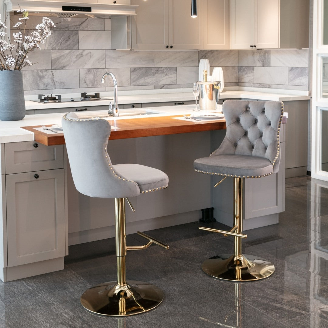 4x Height Adjustable Swivel Bar Stool Velvet Studs Barstool, Grey
