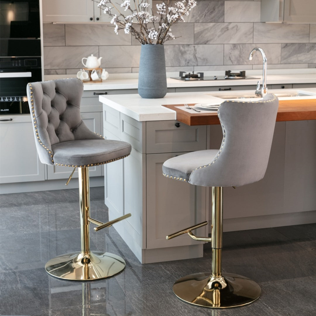 4x Height Adjustable Swivel Bar Stool Velvet Studs Barstool, Grey