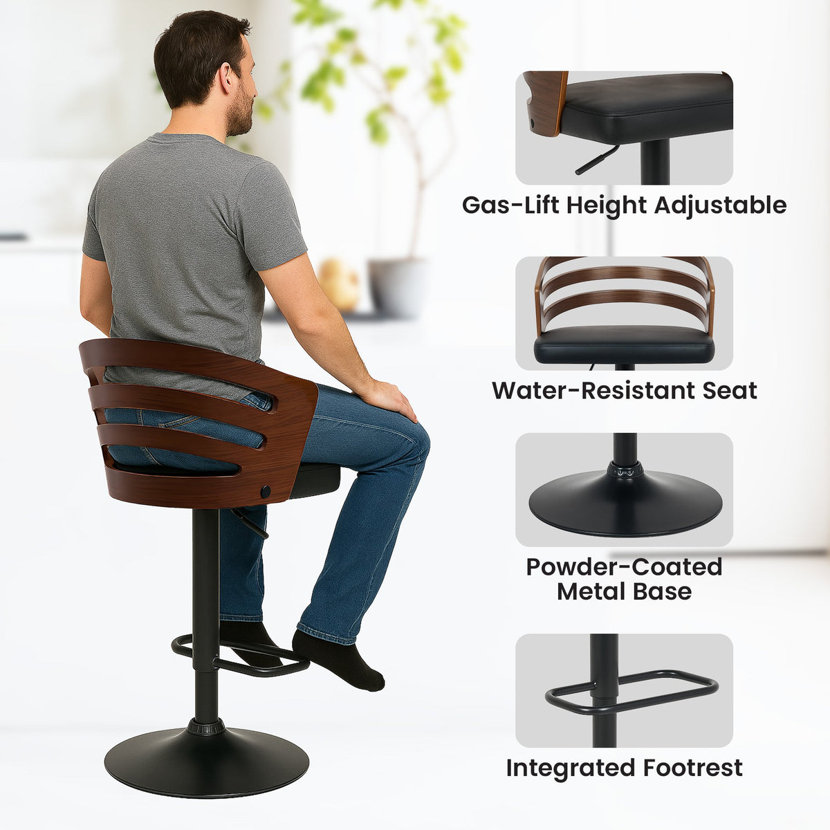 Sarantino Set Of 2 Bentwood Walnut Barstool Adjustable Height Swivel Footrest