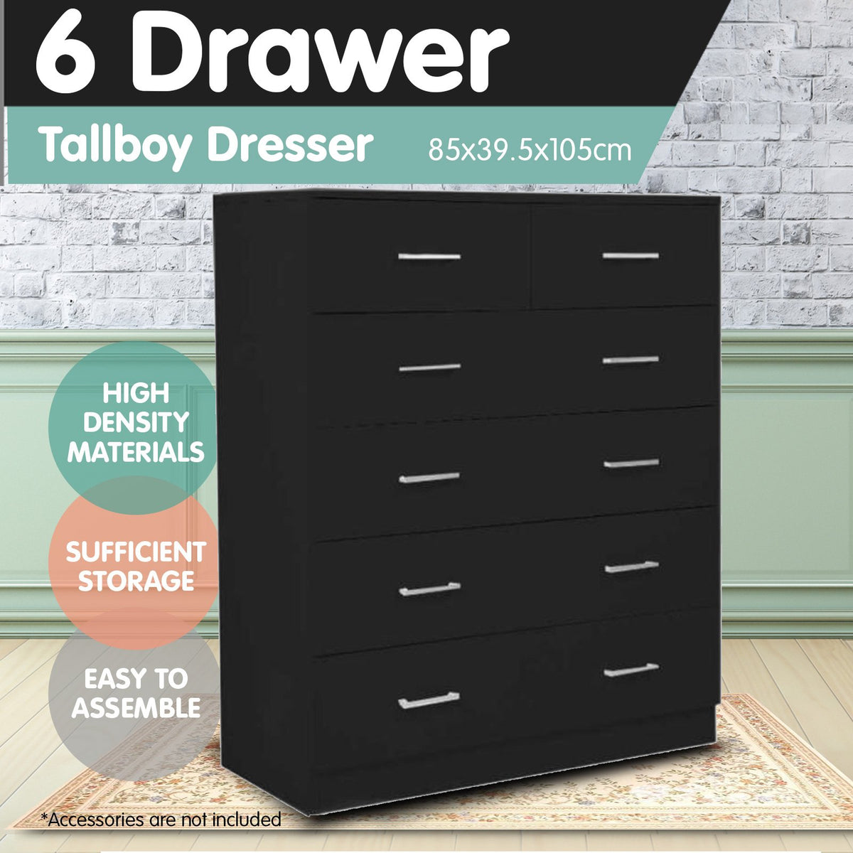 Sarantino Tallboy Dresser 6 Chest Of Drawers Table Cabinet, Black