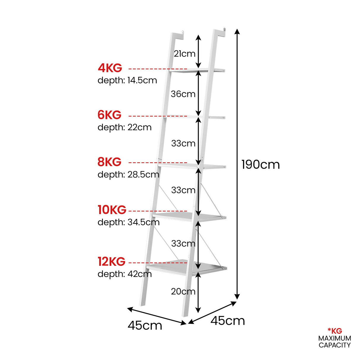 Sarantino Amelia 5-Tier Ladder Shelf in White
