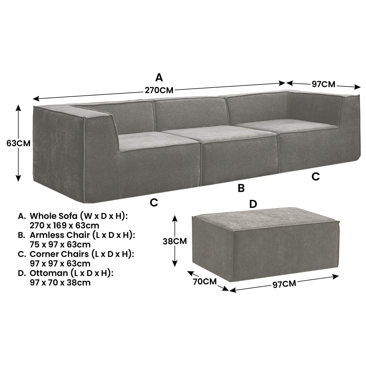 Sarantino Novi 3-Seater Modular Sofa with Ottoman in Grey Non-Slip Bottom Lounge