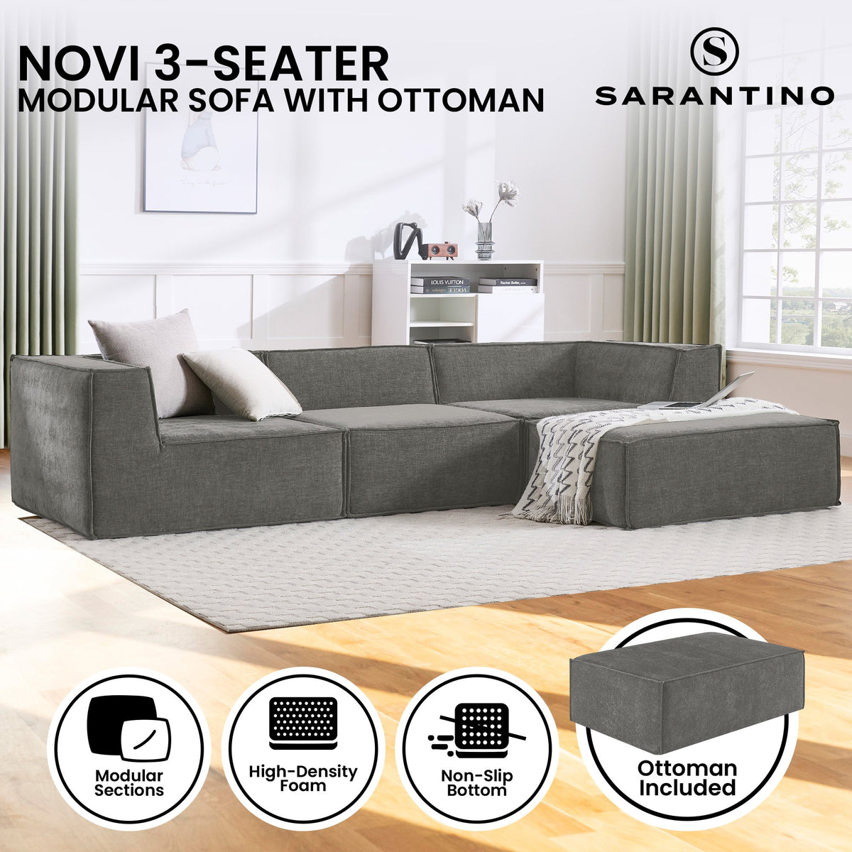 Sarantino Novi 3-Seater Modular Sofa with Ottoman in Grey Non-Slip Bottom Lounge