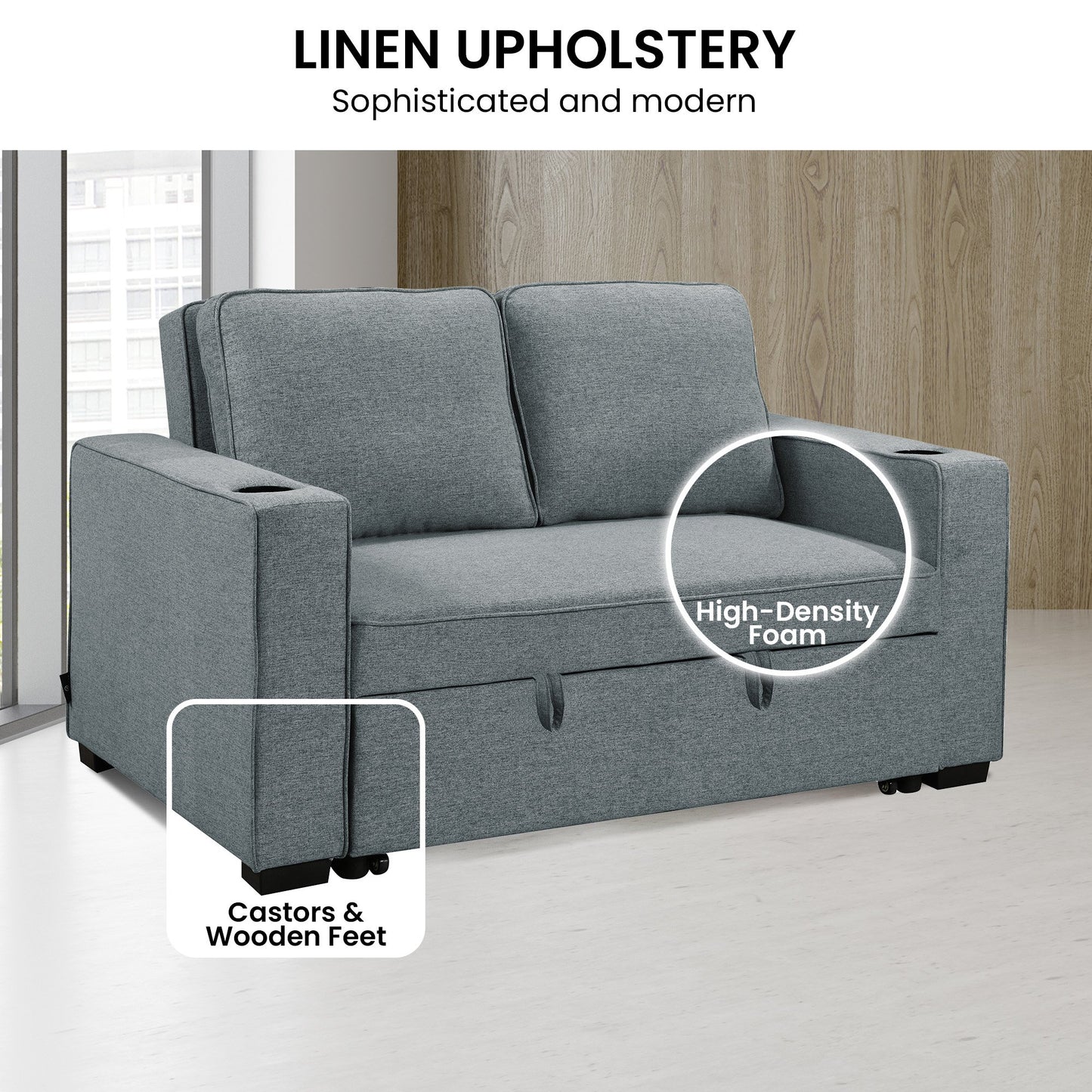 Sarantino Hoffman Linen Sofa Bed with Cushions & Cup Holders Airforce Blue