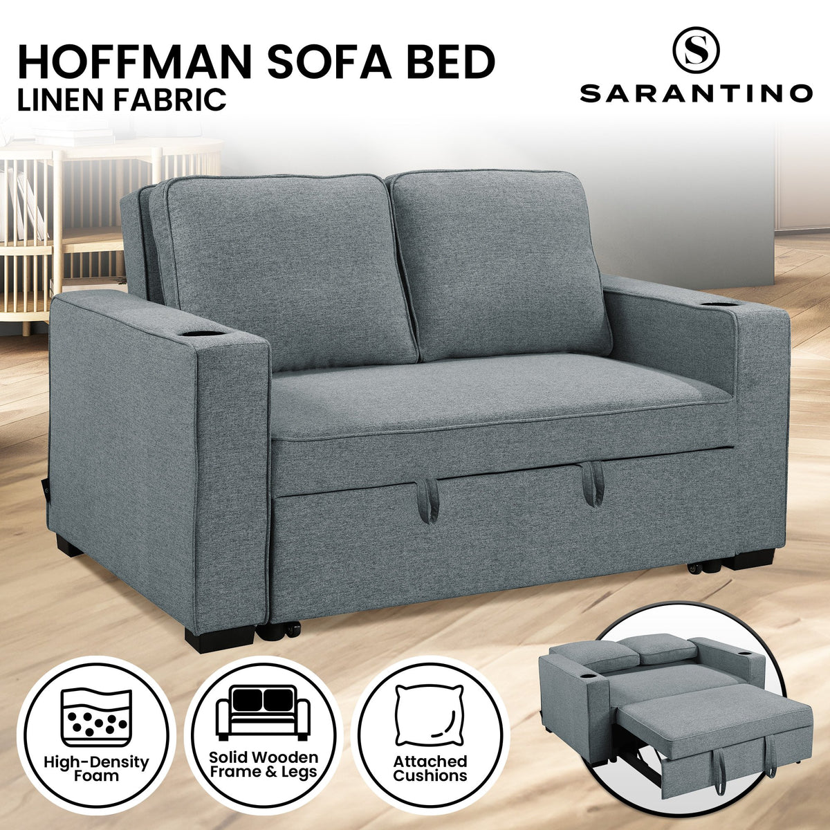 Sarantino Hoffman Linen Sofa Bed with Cushions & Cup Holders Airforce Blue