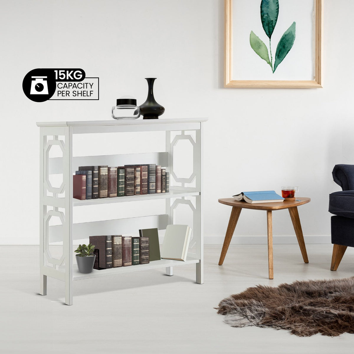 Sarantino Laurel 3-Tier Bookshelf Display Rack in White