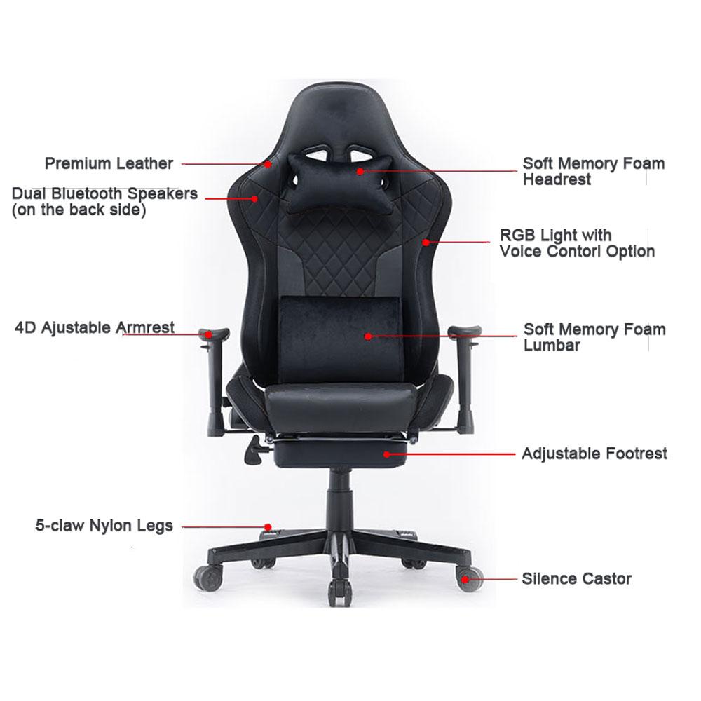 7 RGB Lights Bluetooth Speaker Gaming Chair Ergonomic Racing, Black