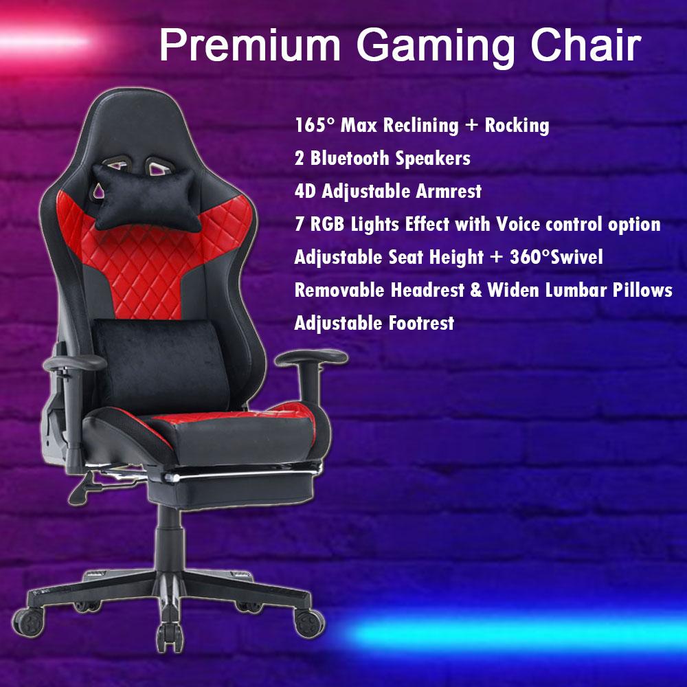 7 RGB Lights Bluetooth Speaker Gaming Chair Ergonomic Racing, Black