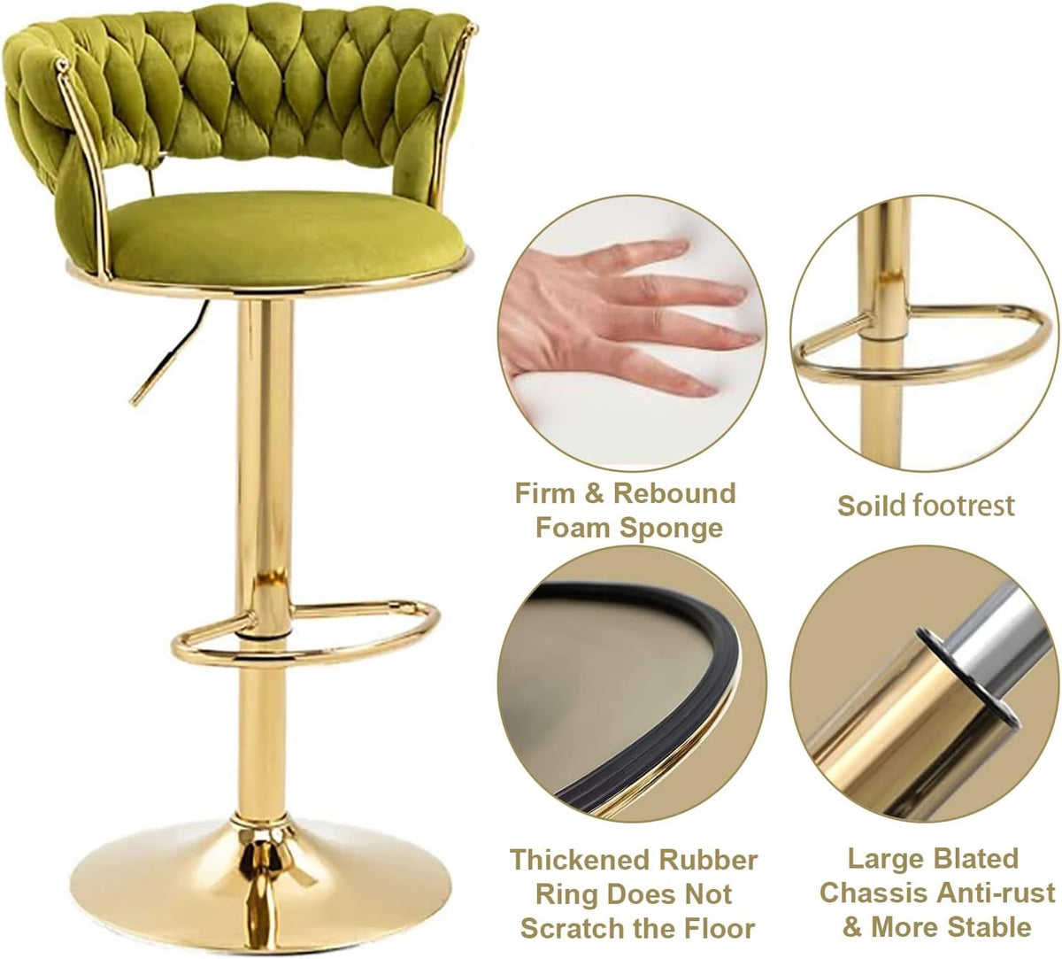 SERENITà 2x Height Adjustable Swivel Bar Stool Velvet Golden Base Barstools Chairs Padded Seat Olive Green