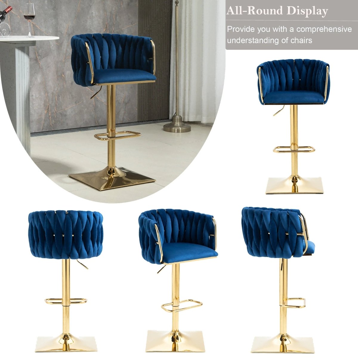 SERENITà Modern Velvet Breakfast Bar Stools Swivel Barstools, Navy