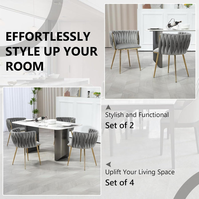 SERENITà Grey Modern Hand Weaving Dining Chairs,Velvet Upholstered
