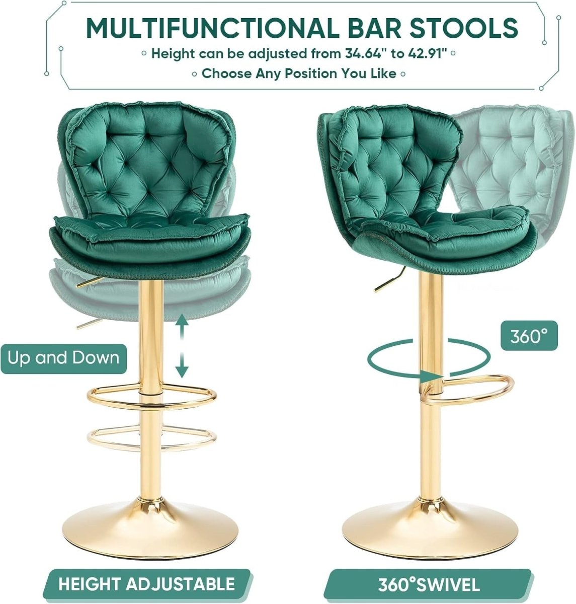 SERENITà Swivel Bar Stools Set of 2 Counter Height Barstools with Back Velvet Upholstered Adjustable Stool Chair Min Century Modern Bar Stool for Kitchen Island (Emerald Green)