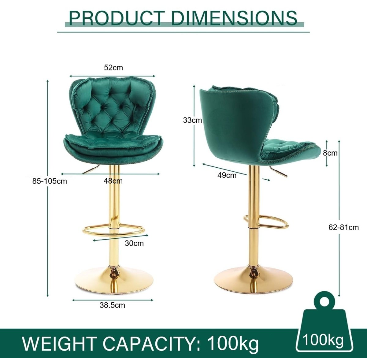 SERENITà Swivel Bar Stools Set of 2 Counter Height Barstools with Back Velvet Upholstered Adjustable Stool Chair Min Century Modern Bar Stool for Kitchen Island (Emerald Green)