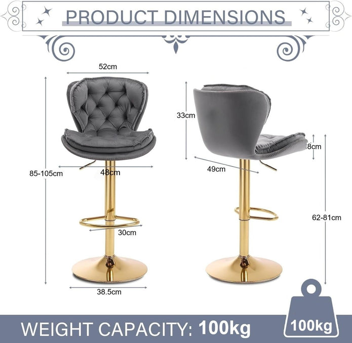 SERENITà Swivel Bar Stools Set of 2 Counter Height Barstools with Back Velvet Upholstered Adjustable Stool Chair Min Century Modern Bar Stool for Kitchen Island (Grey)