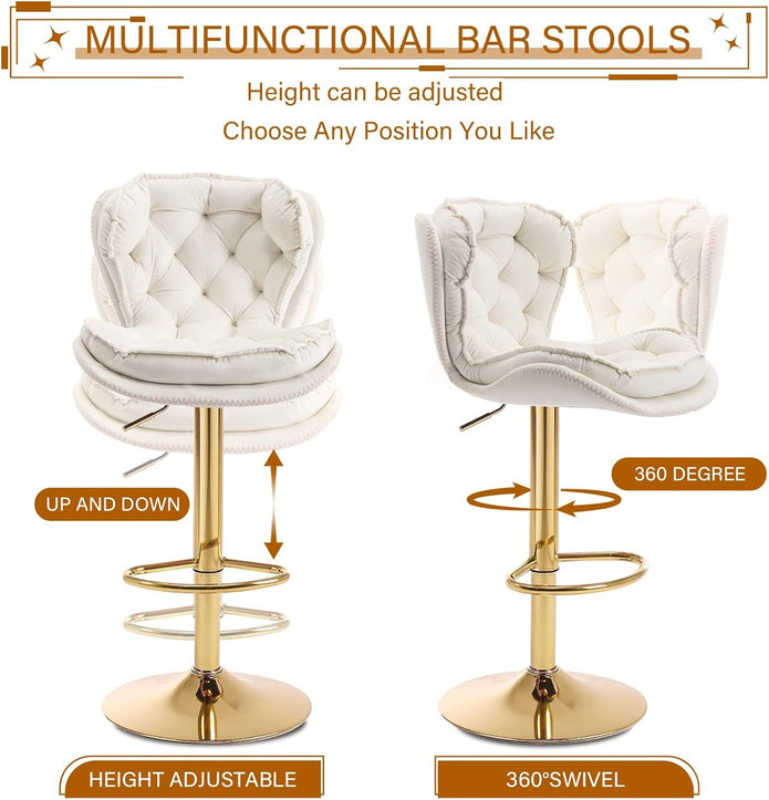 SERENITà Swivel Bar Stools Set of 2 Counter Height Barstools with Back Velvet Upholstered Adjustable Stool Chair Min Century Modern Bar Stool for Kitchen Island (Ivory)