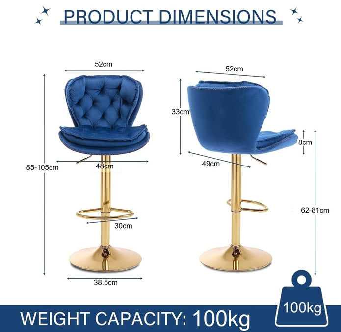 SERENITà Swivel Bar Stools Set of 2 Counter Height Barstools with Back Velvet Upholstered Adjustable Stool Chair Mid Century Modern Bar Stool for Kitchen Island (Navy Blue)