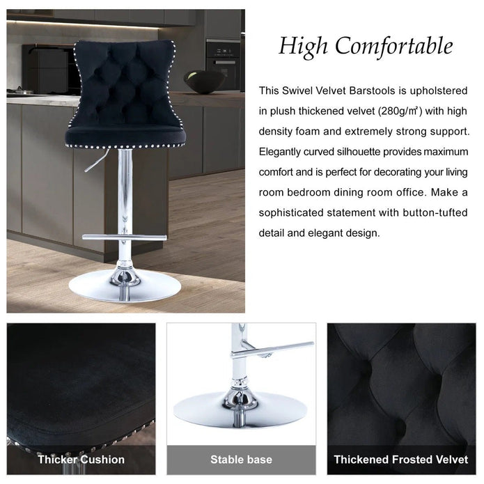 SERENITà Black Velvet Bar Stools Adjustable Swivel Counter Height Chairs with Tufted Back and Nailhead Trim for Kitchen Island Pub Restaurant (2Pcs, Chrome Metal)