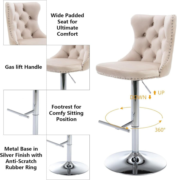 SERENITà Ivory Velvet Bar Stools Adjustable Swivel Counter Height Chairs with Tufted Back and Nailhead Trim for Kitchen Island Pub Restaurant (2Pcs, Chrome Metal)