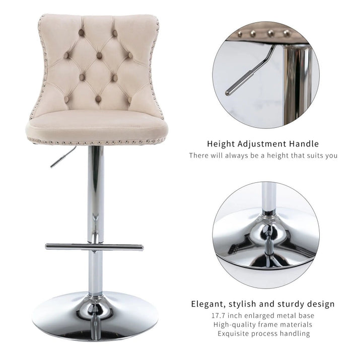 SERENITà Ivory Velvet Bar Stools Adjustable Swivel Counter Height Chairs with Tufted Back and Nailhead Trim for Kitchen Island Pub Restaurant (2Pcs, Chrome Metal)