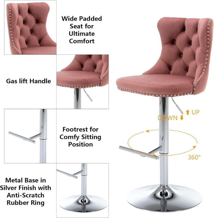 SERENITà Pink Velvet Bar Stools Adjustable Swivel Counter Height Chairs with Tufted Back and Nailhead Trim for Kitchen Island Pub Restaurant (2Pcs, Chrome Metal)