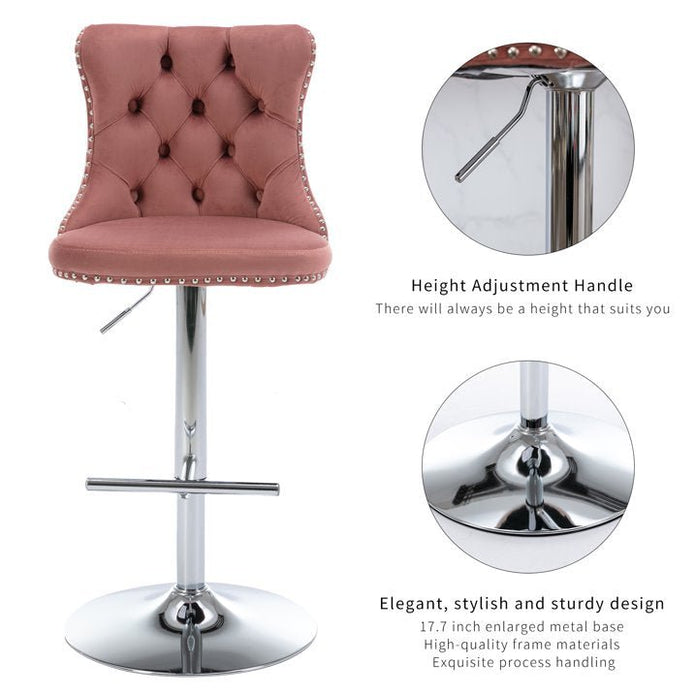 SERENITà Pink Velvet Bar Stools Adjustable Swivel Counter Height Chairs with Tufted Back and Nailhead Trim for Kitchen Island Pub Restaurant (2Pcs, Chrome Metal)