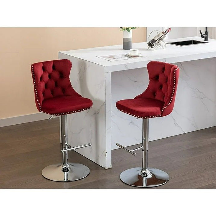 SERENITà Red Velvet Bar Stools Adjustable Swivel Counter Height Chairs with Tufted Back and Nailhead Trim for Kitchen Island Pub Restaurant (2Pcs, Chrome Metal)