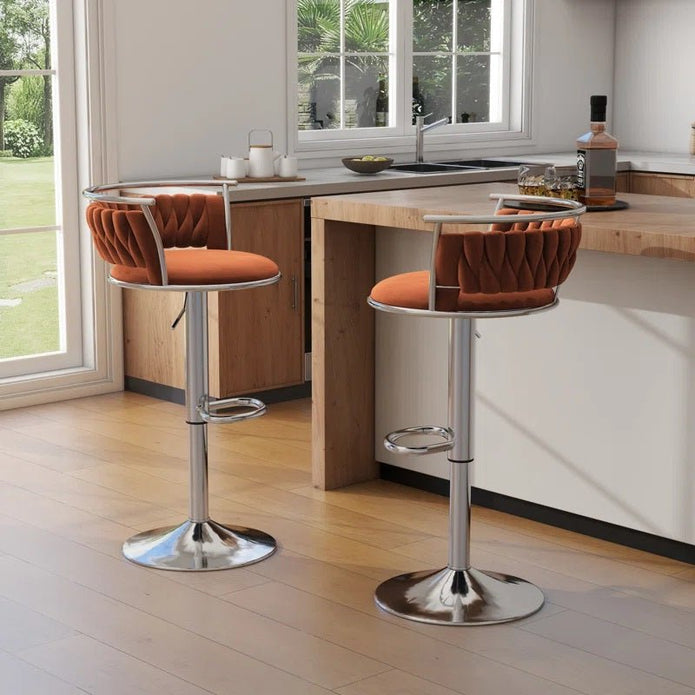 SERENITà Silver Swivel Upholstered Velvet Adjustable Height Counter Stool with Metal Frame Orange (Set of 2)