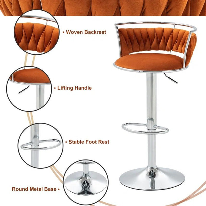 SERENITà Silver Swivel Upholstered Velvet Adjustable Height Counter Stool with Metal Frame Orange (Set of 2)