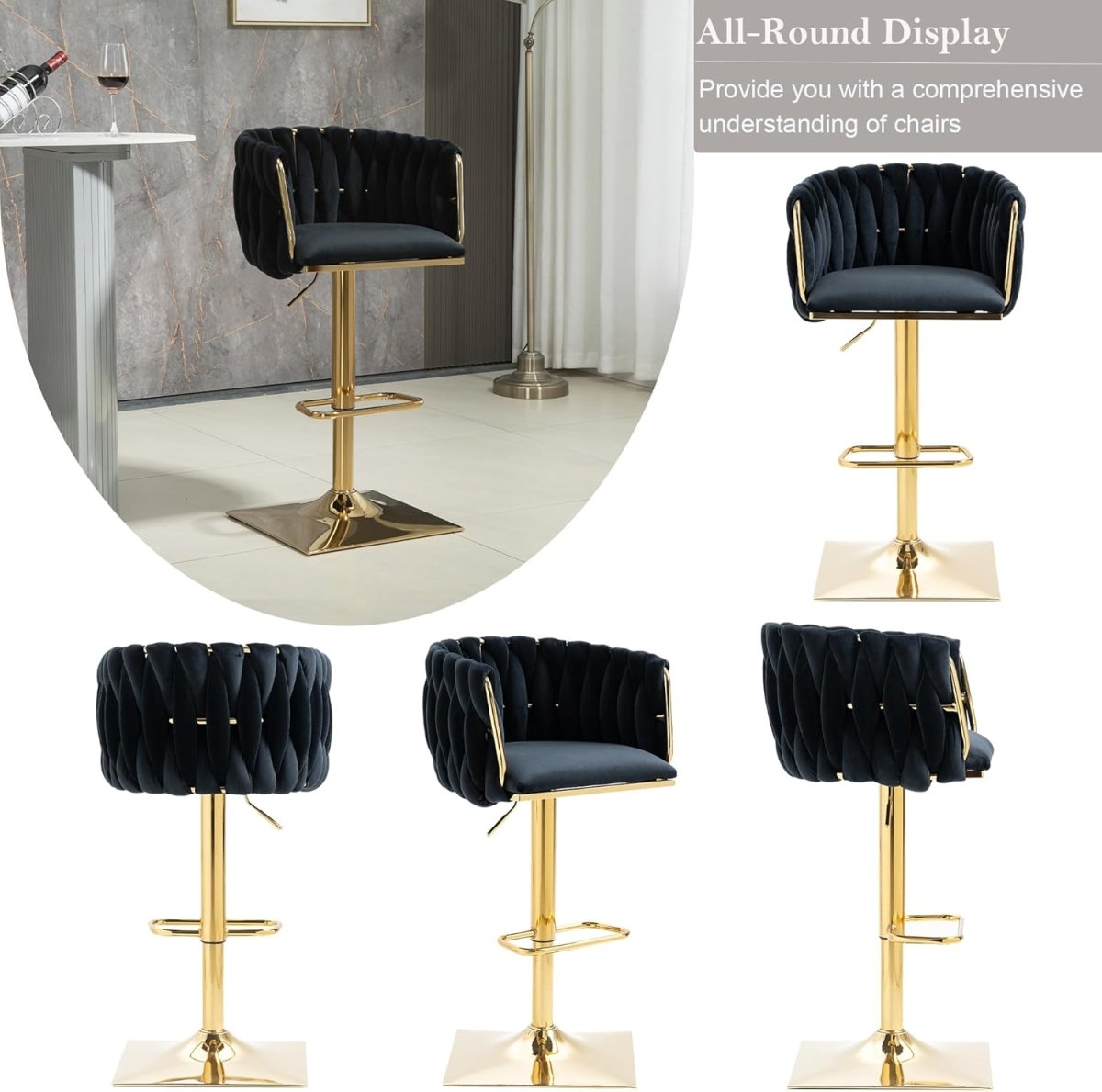 SERENITà Modern Velvet Breakfast Bar Stools Swivel Barstools Adjustable Counter Stools with Backrest Set of 2 Black