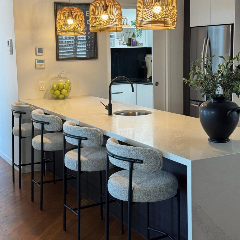 Sleek White Quartz Metal Boucle Elsa Bar Stools