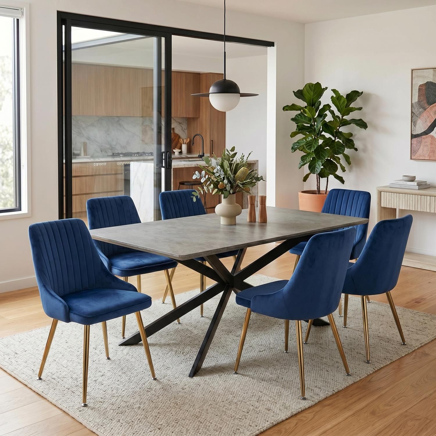 Dining Delight: Rectangular Table and Navy Velvet Chairs Dining Set