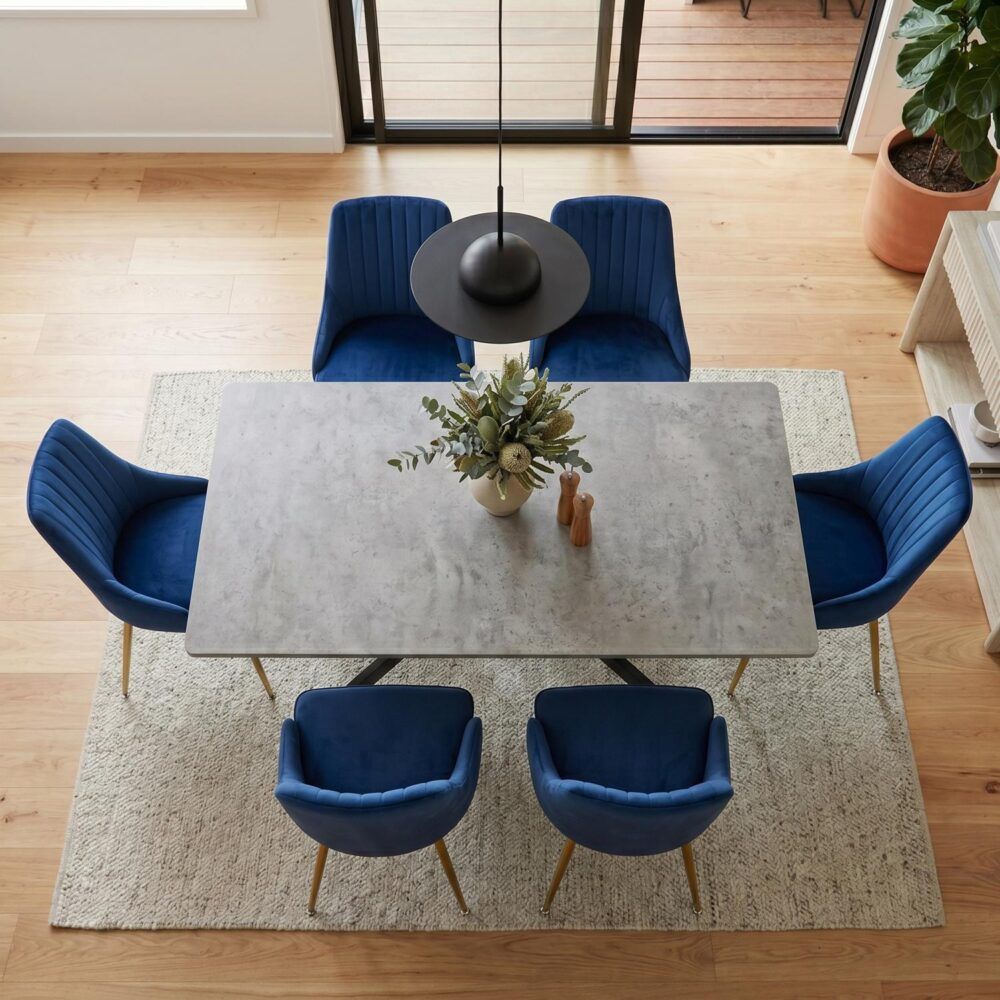 Dining Delight: Rectangular Table and Navy Velvet Chairs Dining Set