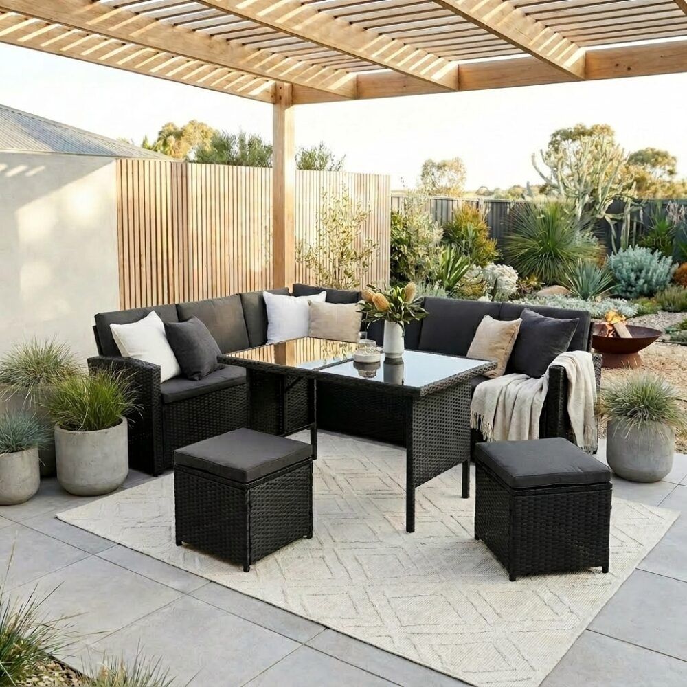 Ella 8-Seater Modular Outdoor Garden Lounge and Dining Set with Table and Stools in Black