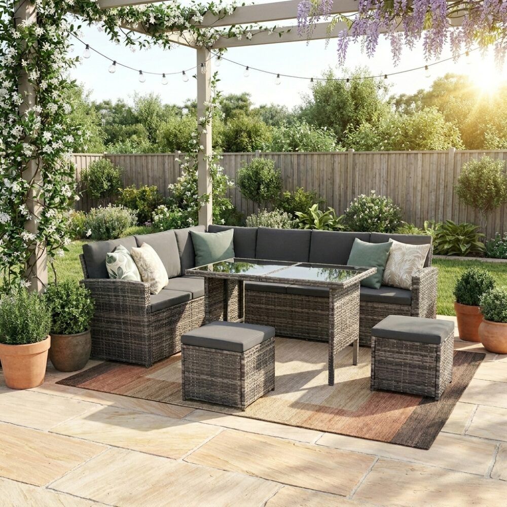 Ella 8-Seater Modular Outdoor Garden Lounge and Dining Set with Table and Stools in Dark Grey Weave