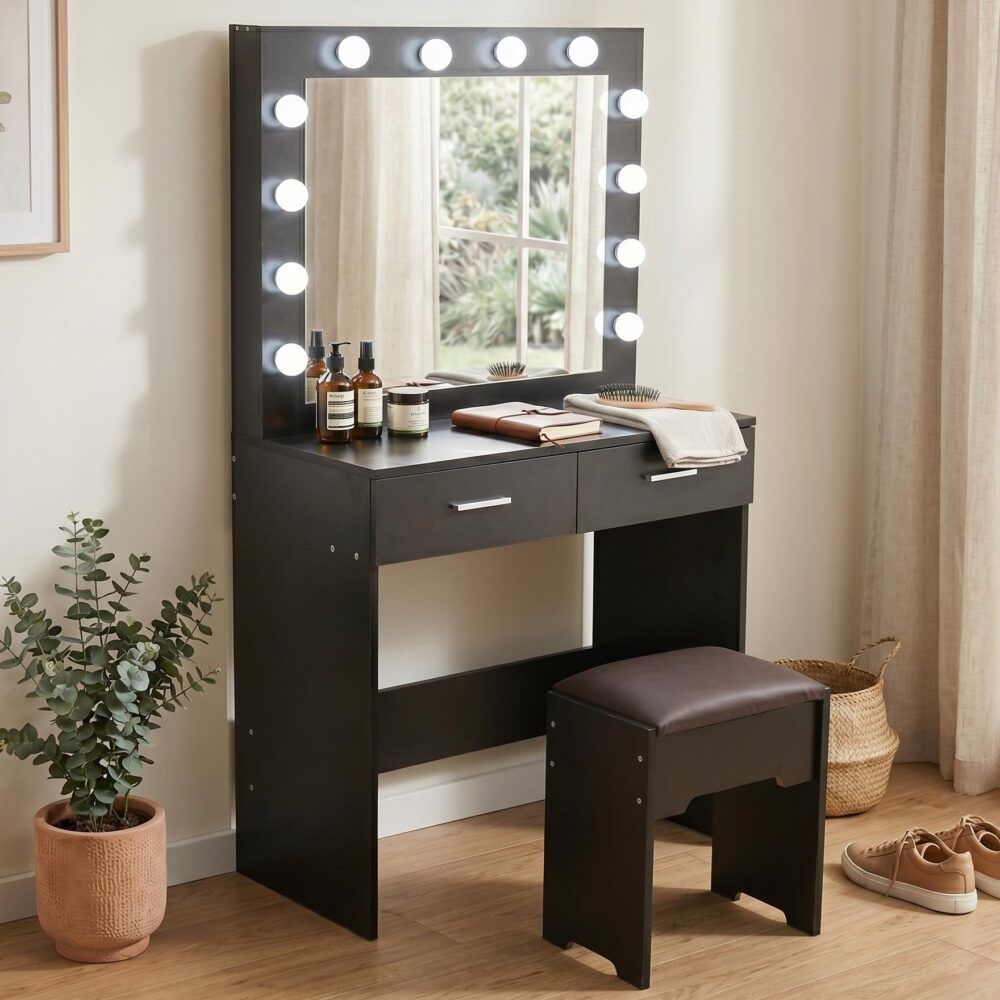 Fidel Vanity Set with Cushioned Stool and Lighted Mirror- Black