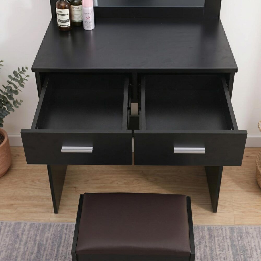 Fidel Vanity Set with Cushioned Stool and Lighted Mirror- Black