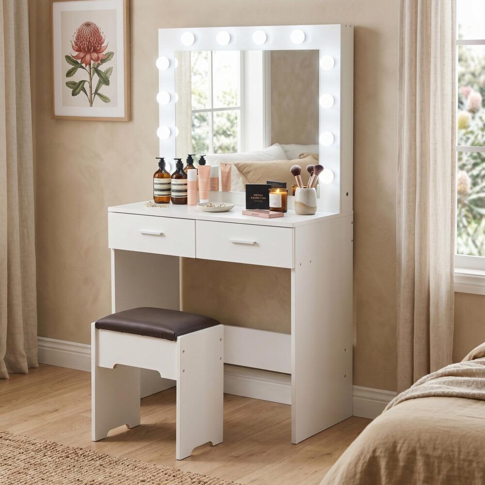 Fidel Vanity Set with Cushioned Stool and Lighted Mirror- White