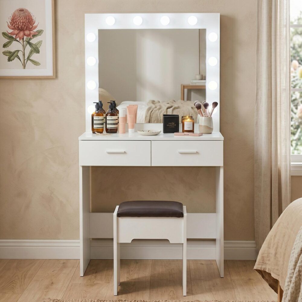 Fidel Vanity Set with Cushioned Stool and Lighted Mirror- White