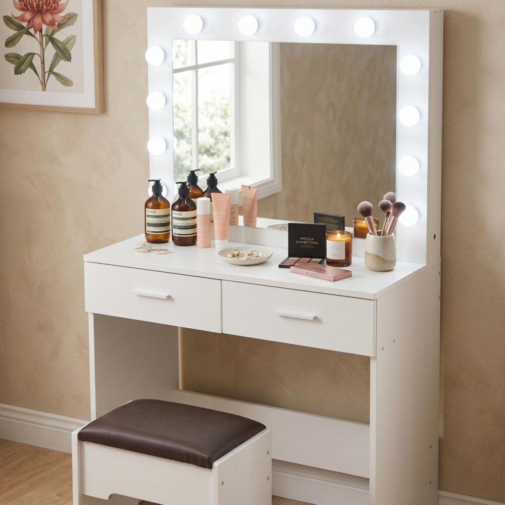Fidel Vanity Set with Cushioned Stool and Lighted Mirror- White