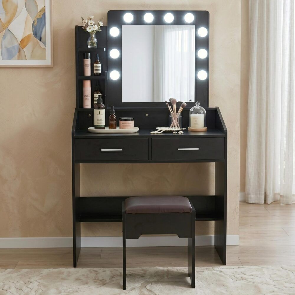 Diana Vanity Set with Shelves Cushioned Stool and Lighted Mirror- Black