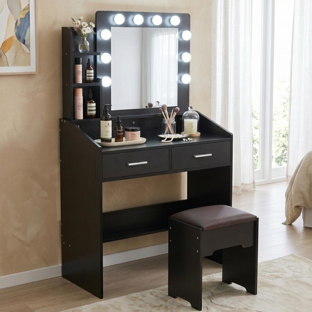 Diana Vanity Set with Shelves Cushioned Stool and Lighted Mirror- Black