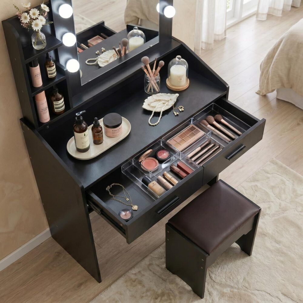 Diana Vanity Set with Shelves Cushioned Stool and Lighted Mirror- Black