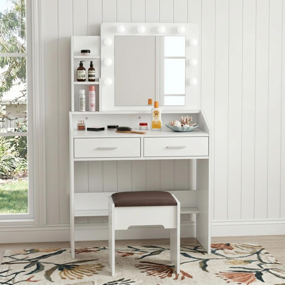 Diana Vanity Set with Shelves Cushioned Stool and Lighted Mirror- White