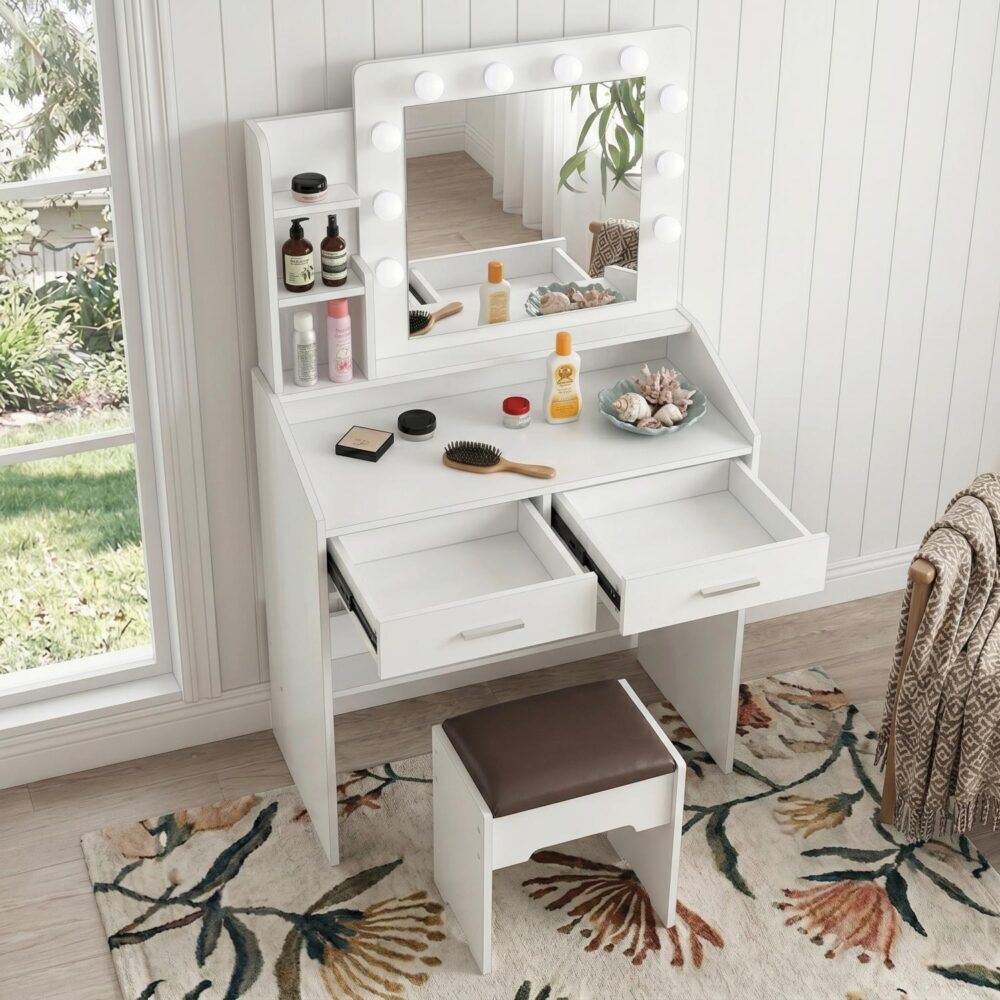 Diana Vanity Set with Shelves Cushioned Stool and Lighted Mirror- White