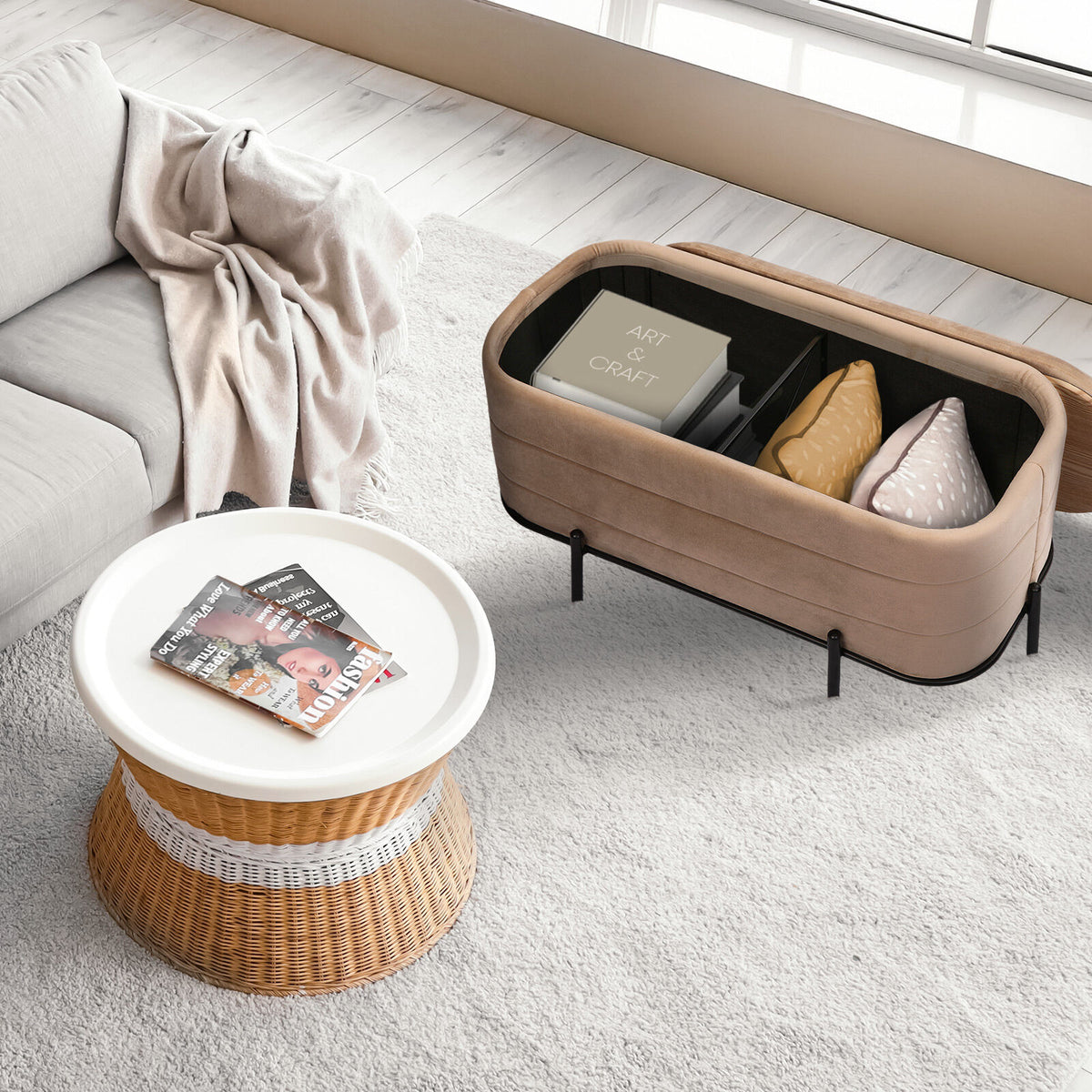 La Bella Coffee Table Storage Ottoman - Velvet Blanket Box Bench DEMI - CAMEL BEIGE