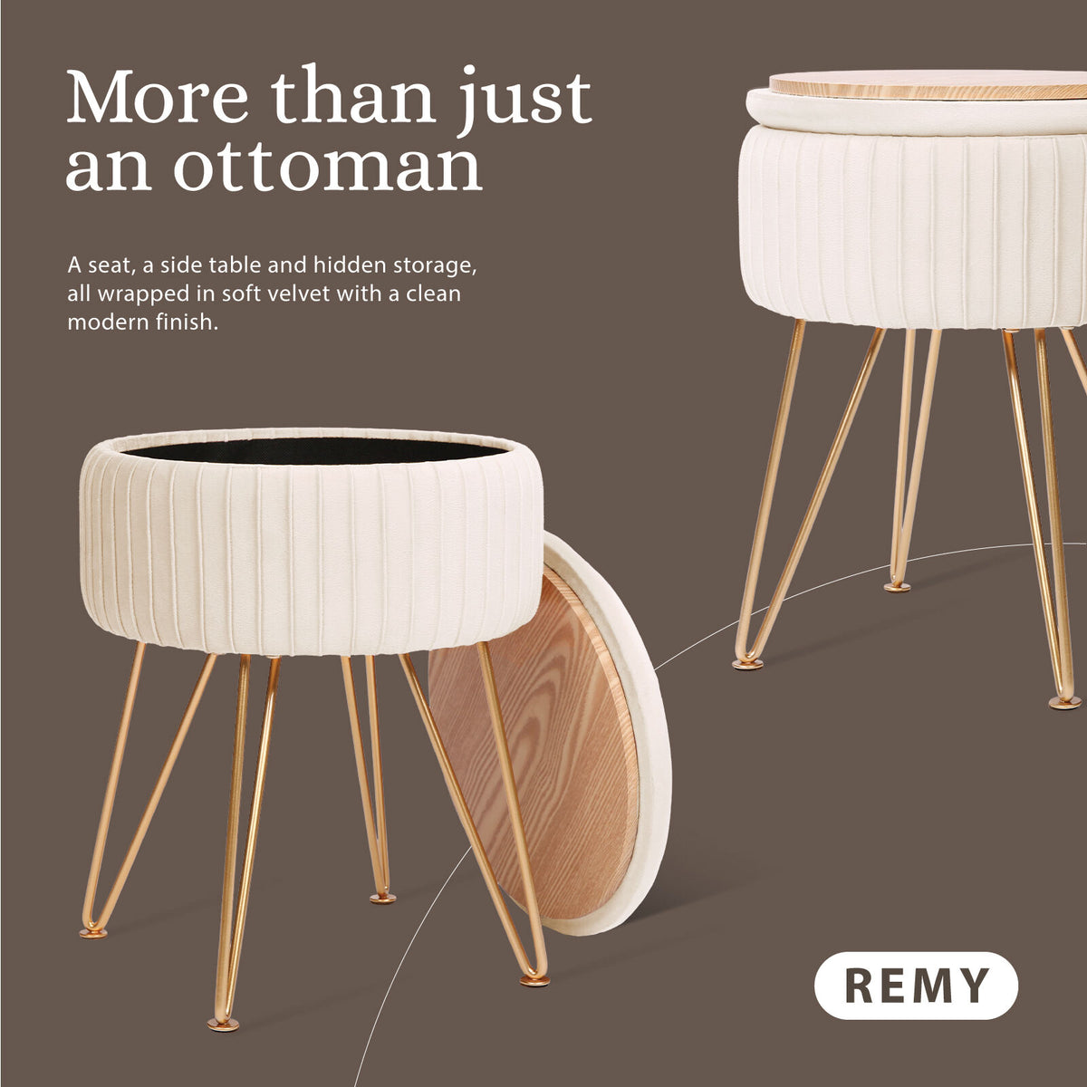 Side Table Storage Ottoman - Velvet Padded Stool Vanity Footstool REMY CREAM BEIGE