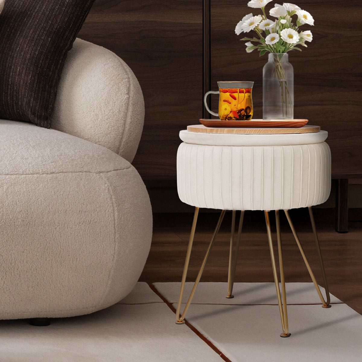 Side Table Storage Ottoman - Velvet Padded Stool Vanity Footstool REMY CREAM BEIGE