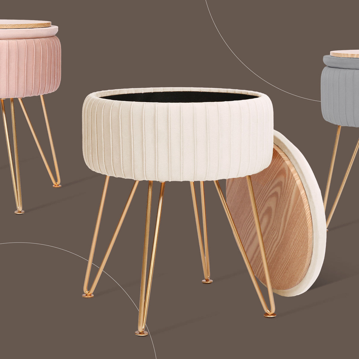 Side Table Storage Ottoman - Velvet Padded Stool Vanity Footstool REMY CREAM BEIGE
